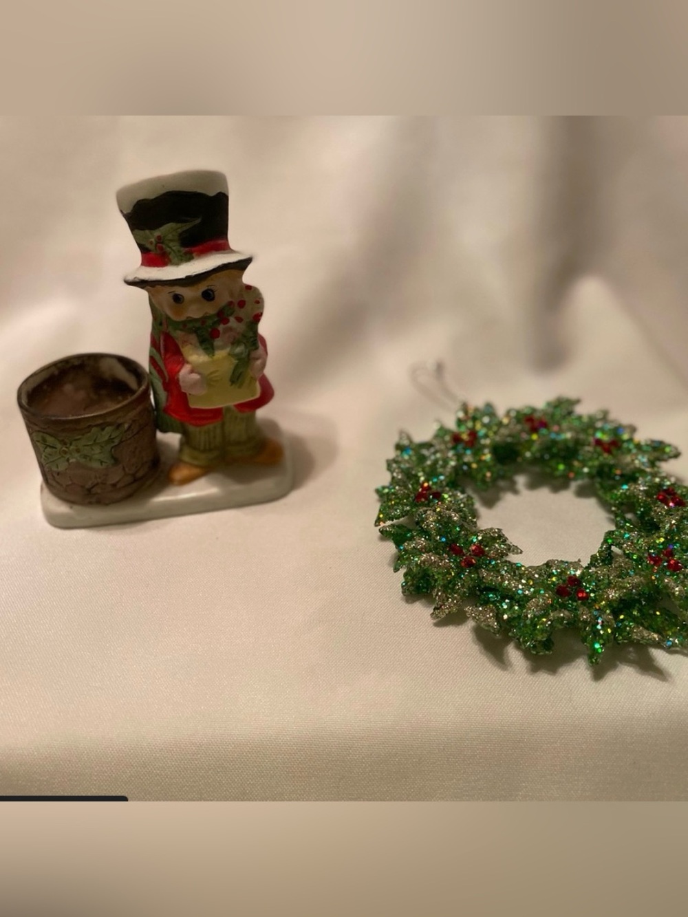 1978 Jasco Luvkins Porcelain Hand Painted Tea Light Candle Holder & Wreath Ornam